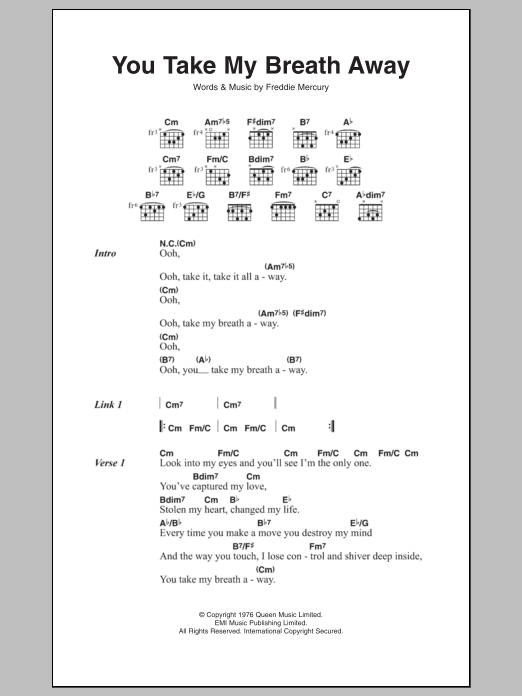 Queen You Take My Breath Away Sheet Music Notes & Chords for Lyrics & Chords - Download or Print PDF