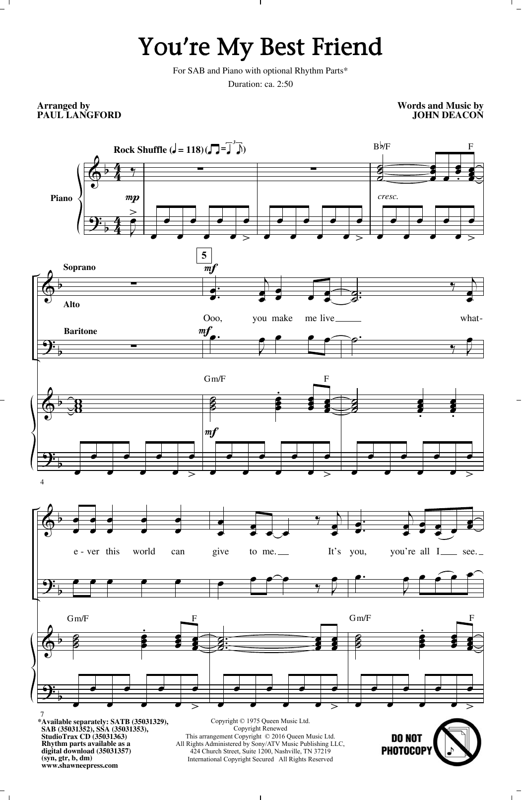 Queen You're My Best Friend (arr. Paul Langford) Sheet Music Notes & Chords for SATB - Download or Print PDF