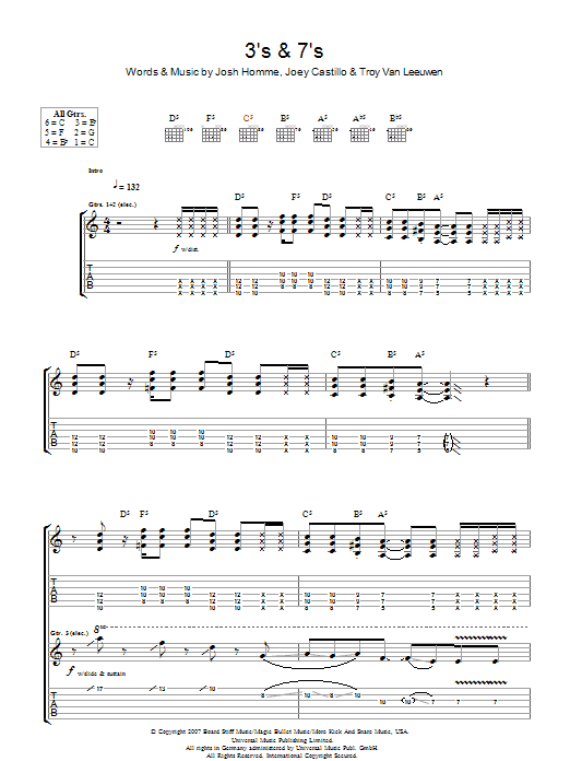 Queens Of The Stone Age 3's & 7's Sheet Music Notes & Chords for Lyrics & Chords - Download or Print PDF