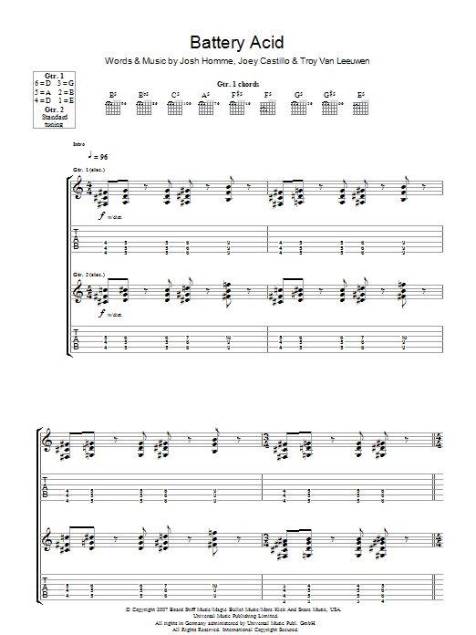 Queens Of The Stone Age Battery Acid Sheet Music Notes & Chords for Guitar Tab - Download or Print PDF