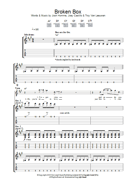 Queens Of The Stone Age Broken Box Sheet Music Notes & Chords for Guitar Tab - Download or Print PDF