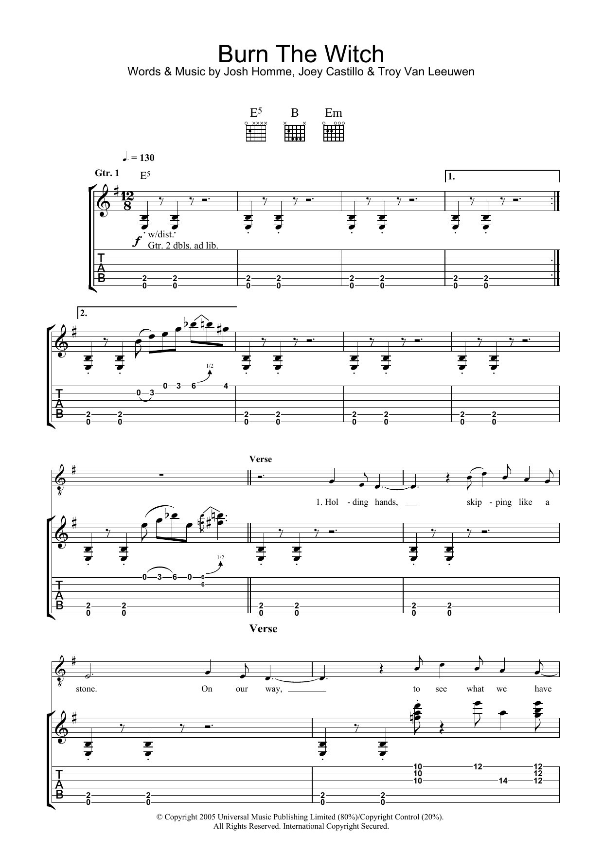 Queens Of The Stone Age Burn The Witch Sheet Music Notes & Chords for Bass Guitar Tab - Download or Print PDF