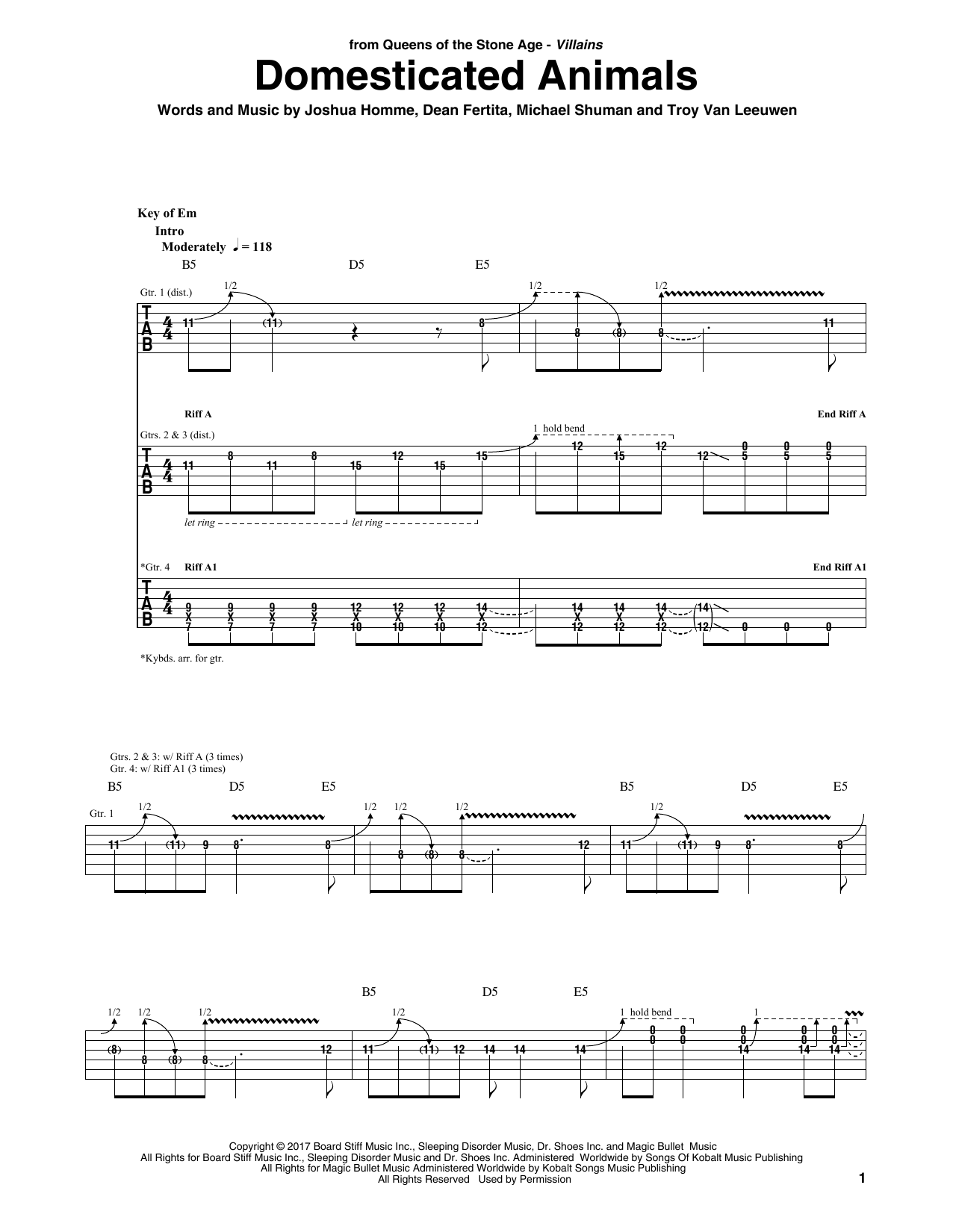 Queens Of The Stone Age Domesticated Animals Sheet Music Notes & Chords for Guitar Tab - Download or Print PDF