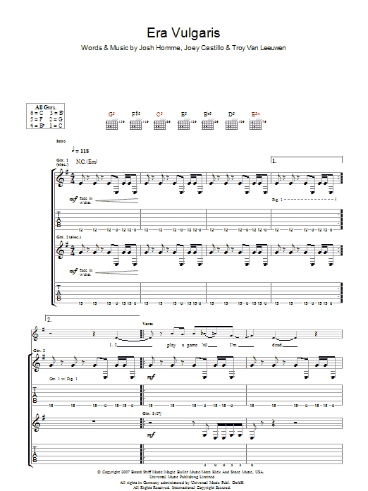 Queens Of The Stone Age Era Vulgaris Sheet Music Notes & Chords for Guitar Tab - Download or Print PDF