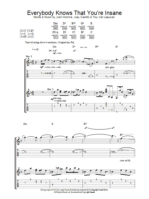 Queens Of The Stone Age Everybody Knows That You're Insane Sheet Music Notes & Chords for Guitar Tab - Download or Print PDF