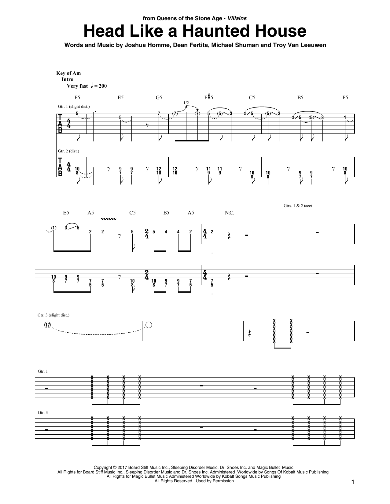 Queens Of The Stone Age Head Like A Haunted House Sheet Music Notes & Chords for Guitar Tab - Download or Print PDF