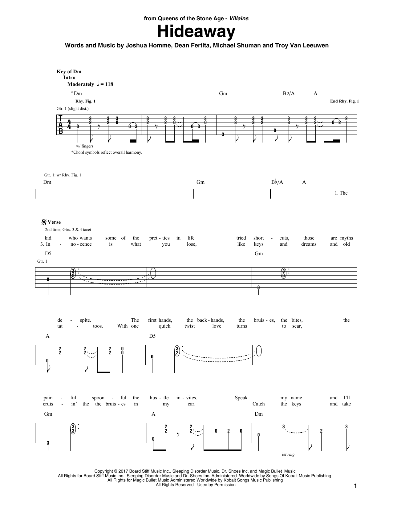 Queens Of The Stone Age Hideaway Sheet Music Notes & Chords for Guitar Tab - Download or Print PDF