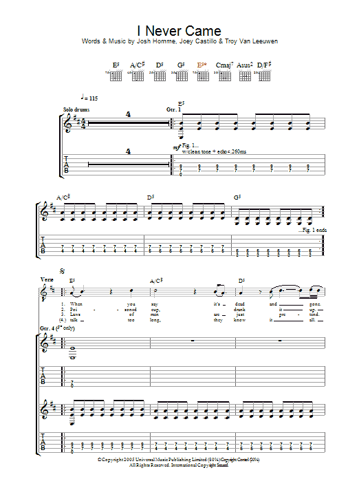 Queens Of The Stone Age I Never Came Sheet Music Notes & Chords for Guitar Tab - Download or Print PDF