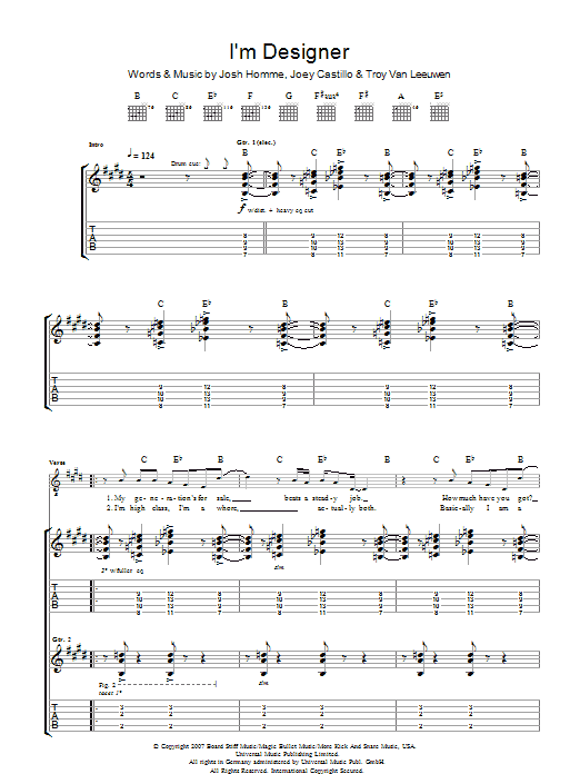 Queens Of The Stone Age I'm Designer Sheet Music Notes & Chords for Guitar Tab - Download or Print PDF