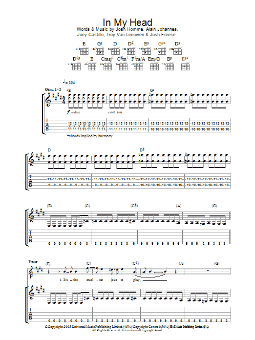 Queens Of The Stone Age In My Head Sheet Music Notes & Chords for Guitar Tab - Download or Print PDF