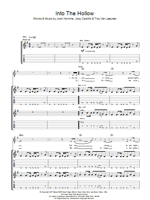 Queens Of The Stone Age Into The Hollow Sheet Music Notes & Chords for Guitar Tab - Download or Print PDF