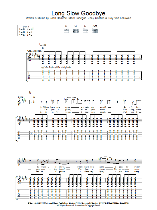 Queens Of The Stone Age Long Slow Goodbye Sheet Music Notes & Chords for Guitar Tab - Download or Print PDF
