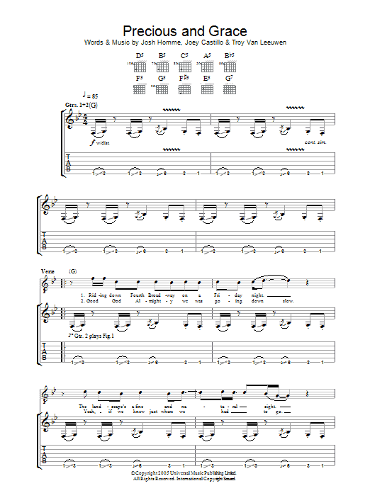 Queens Of The Stone Age Precious And Grace Sheet Music Notes & Chords for Guitar Tab - Download or Print PDF