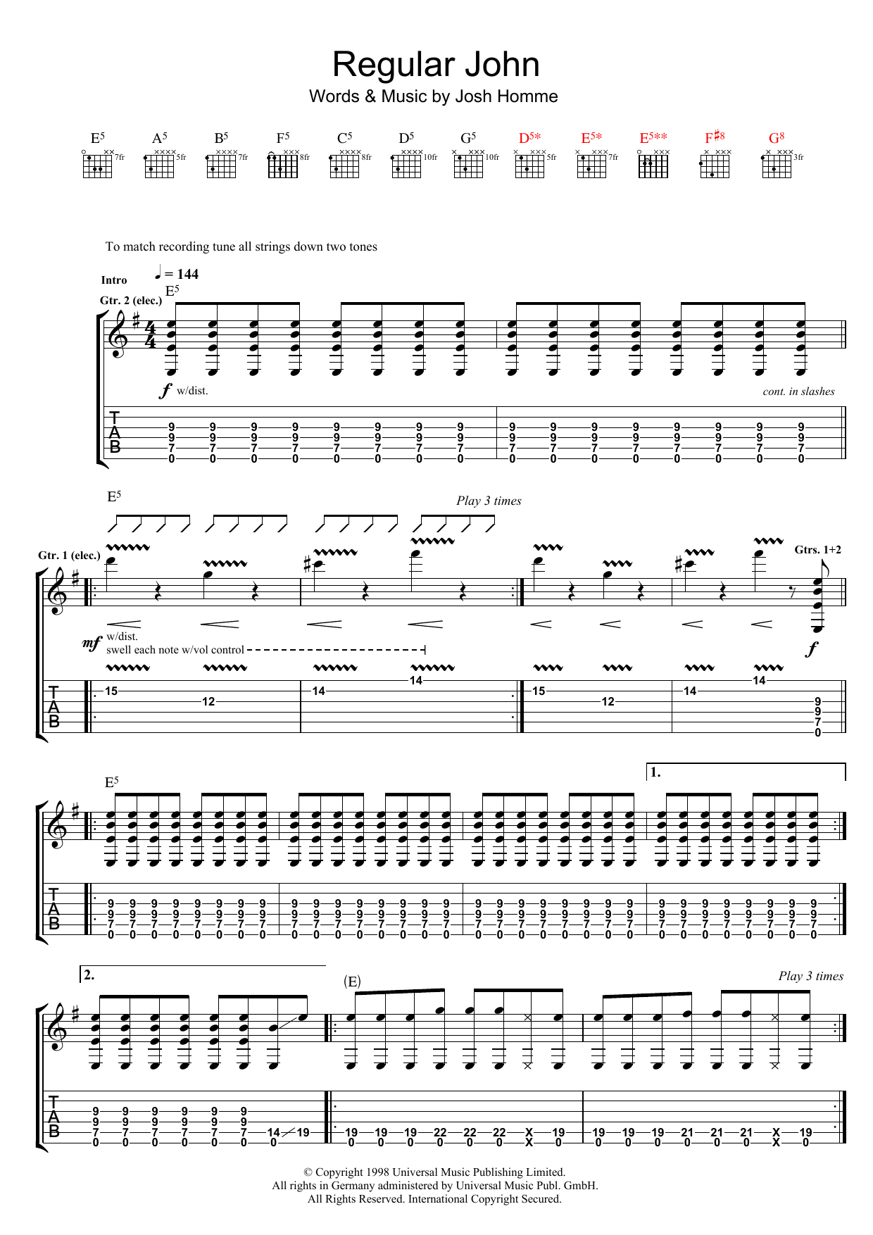Queens Of The Stone Age Regular John Sheet Music Notes & Chords for Guitar Tab - Download or Print PDF