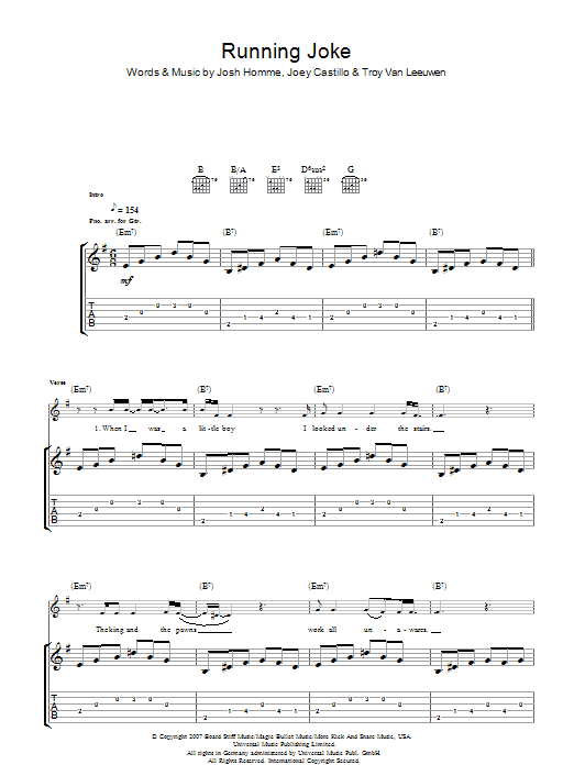Queens Of The Stone Age Running Joke Sheet Music Notes & Chords for Guitar Tab - Download or Print PDF