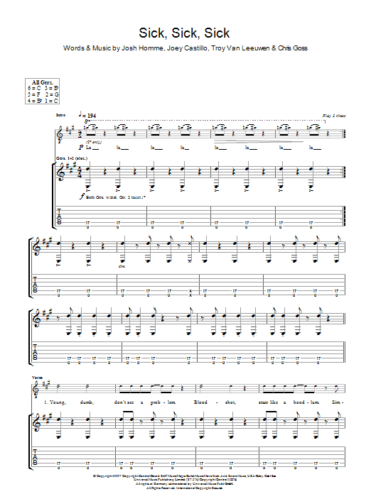 Queens Of The Stone Age Sick, Sick, Sick Sheet Music Notes & Chords for Guitar Tab - Download or Print PDF