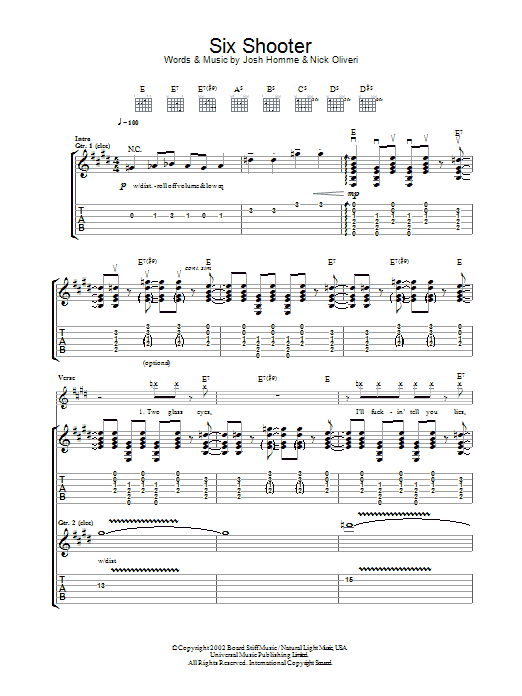 Queens Of The Stone Age Six Shooter Sheet Music Notes & Chords for Guitar Tab - Download or Print PDF