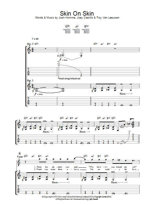 Queens Of The Stone Age Skin On Skin Sheet Music Notes & Chords for Guitar Tab - Download or Print PDF