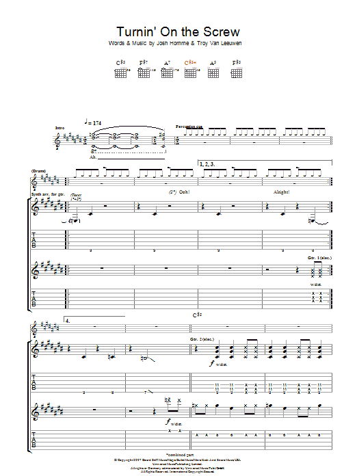 Queens Of The Stone Age Turnin' On The Screw Sheet Music Notes & Chords for Guitar Tab - Download or Print PDF