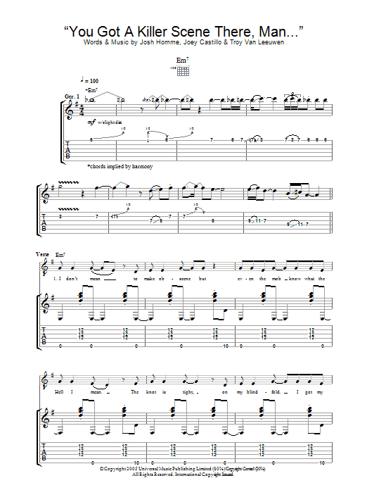 Queens Of The Stone Age You Got A Killer Scene There, Man Sheet Music Notes & Chords for Guitar Tab - Download or Print PDF