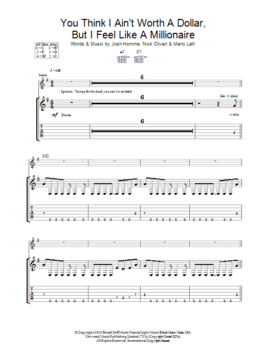 Queens Of The Stone Age You Think I Ain't Worth A Dollar, But I Feel Like A Millionaire Sheet Music Notes & Chords for Guitar Tab - Download or Print PDF
