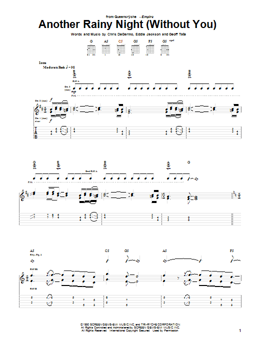 Queensryche Another Rainy Night (Without You) Sheet Music Notes & Chords for Guitar Tab - Download or Print PDF