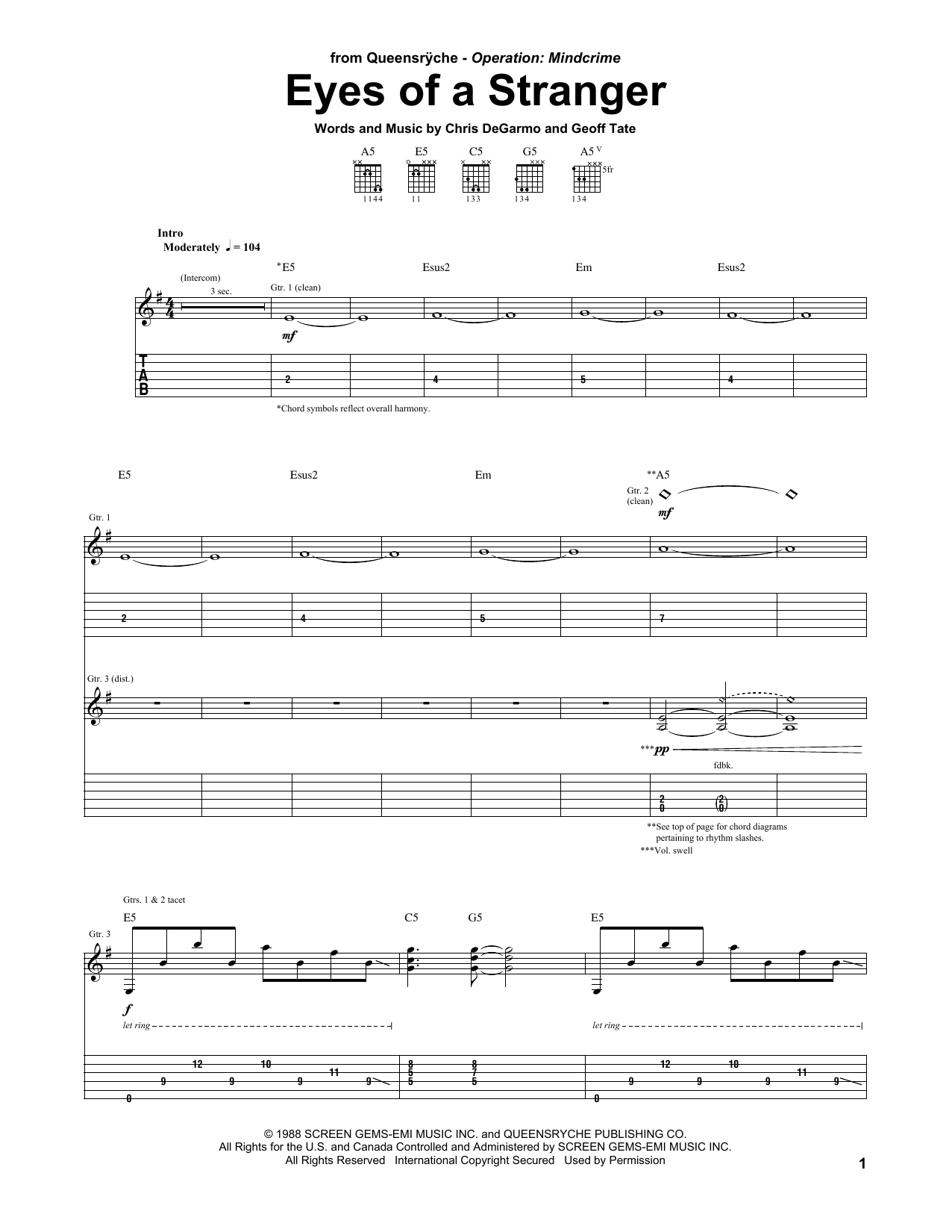 Queensryche Eyes Of A Stranger Sheet Music Notes & Chords for Guitar Tab - Download or Print PDF