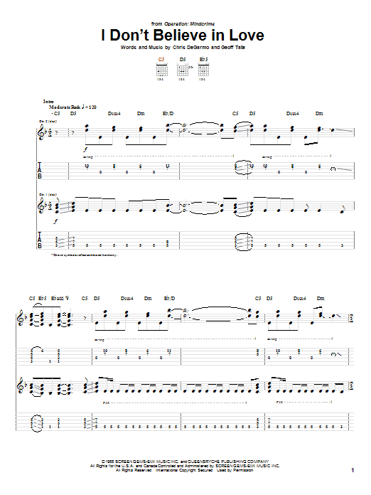 Queensryche I Don't Believe In Love Sheet Music Notes & Chords for Guitar Tab - Download or Print PDF