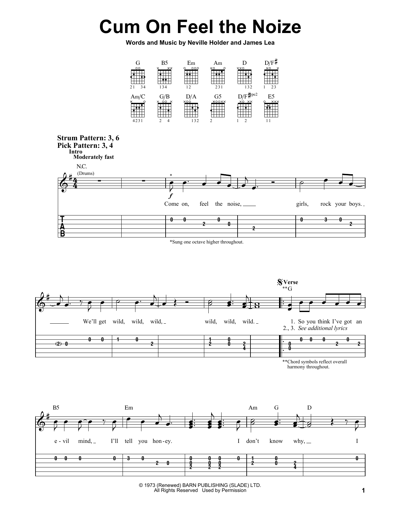 Quiet Riot Cum On Feel The Noize Sheet Music Notes & Chords for Easy Guitar Tab - Download or Print PDF
