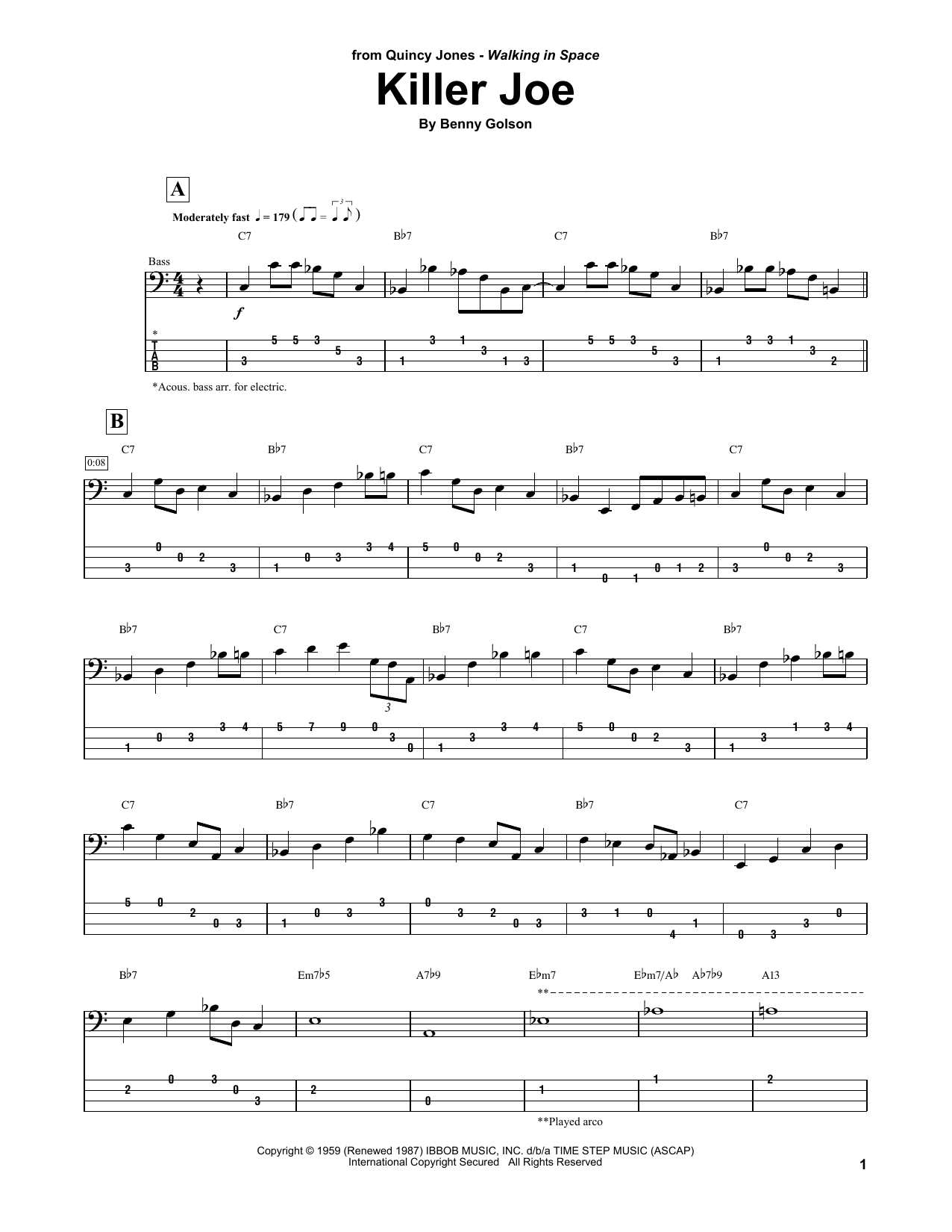 Quincy Jones Killer Joe Sheet Music Notes & Chords for Bass Transcription - Download or Print PDF
