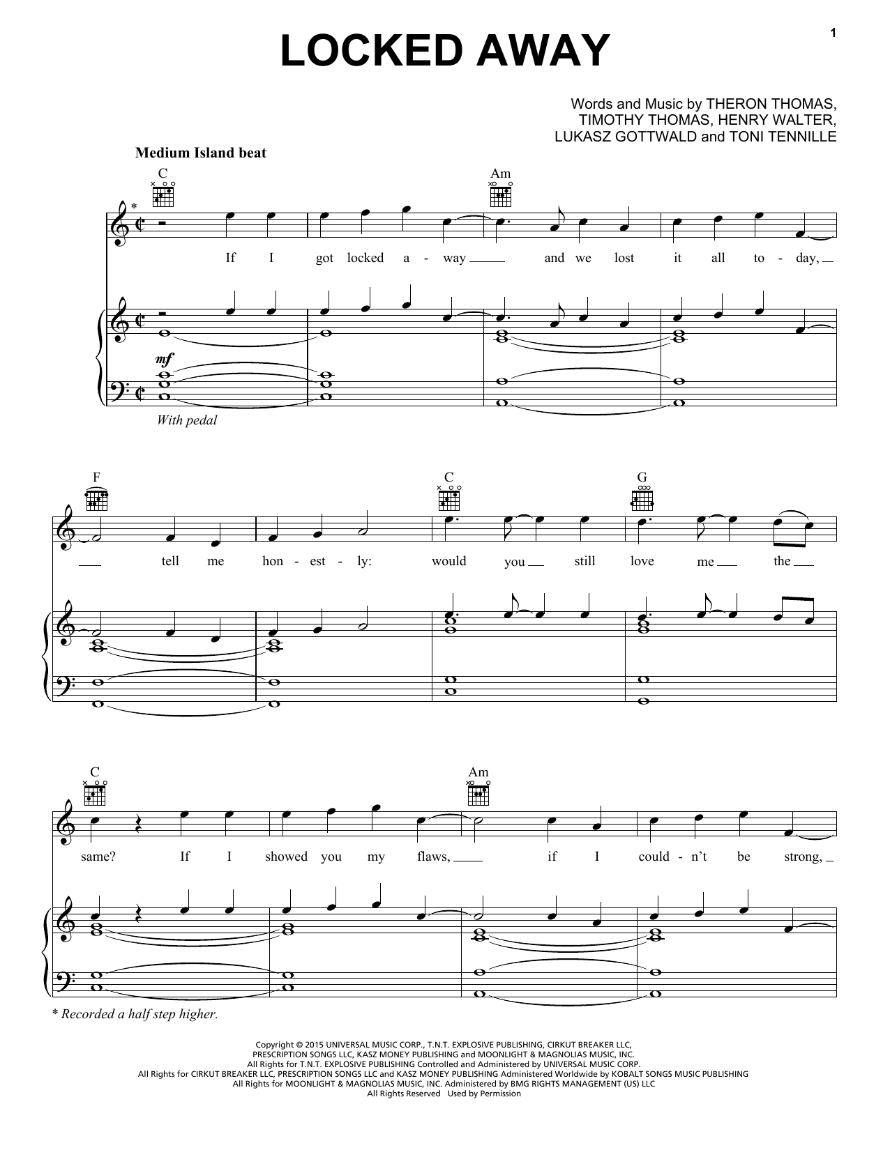 R. City feat. Adam Levine Locked Away Sheet Music Notes & Chords for Piano, Vocal & Guitar (Right-Hand Melody) - Download or Print PDF