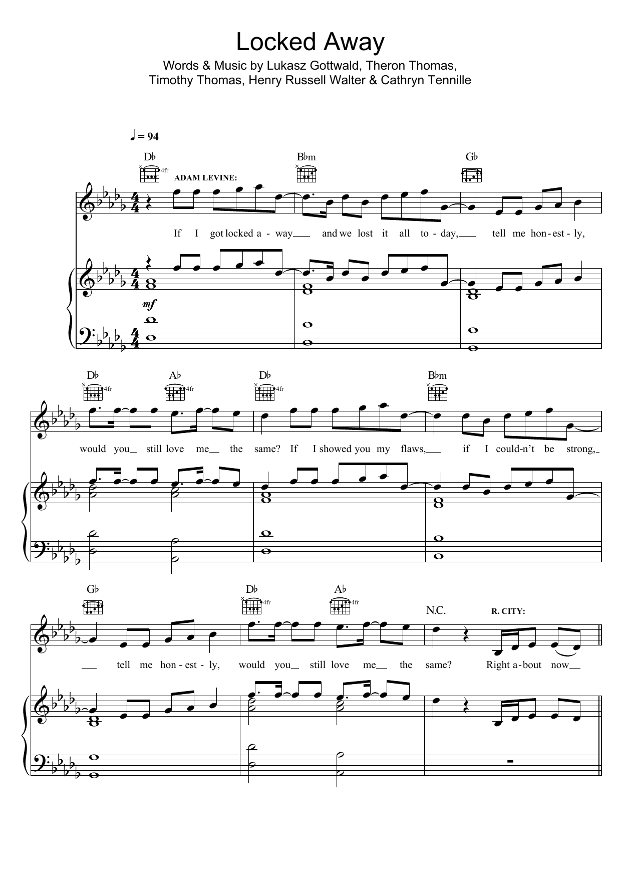 R. City Locked Away (featuring Adam Levine) Sheet Music Notes & Chords for Piano, Vocal & Guitar (Right-Hand Melody) - Download or Print PDF