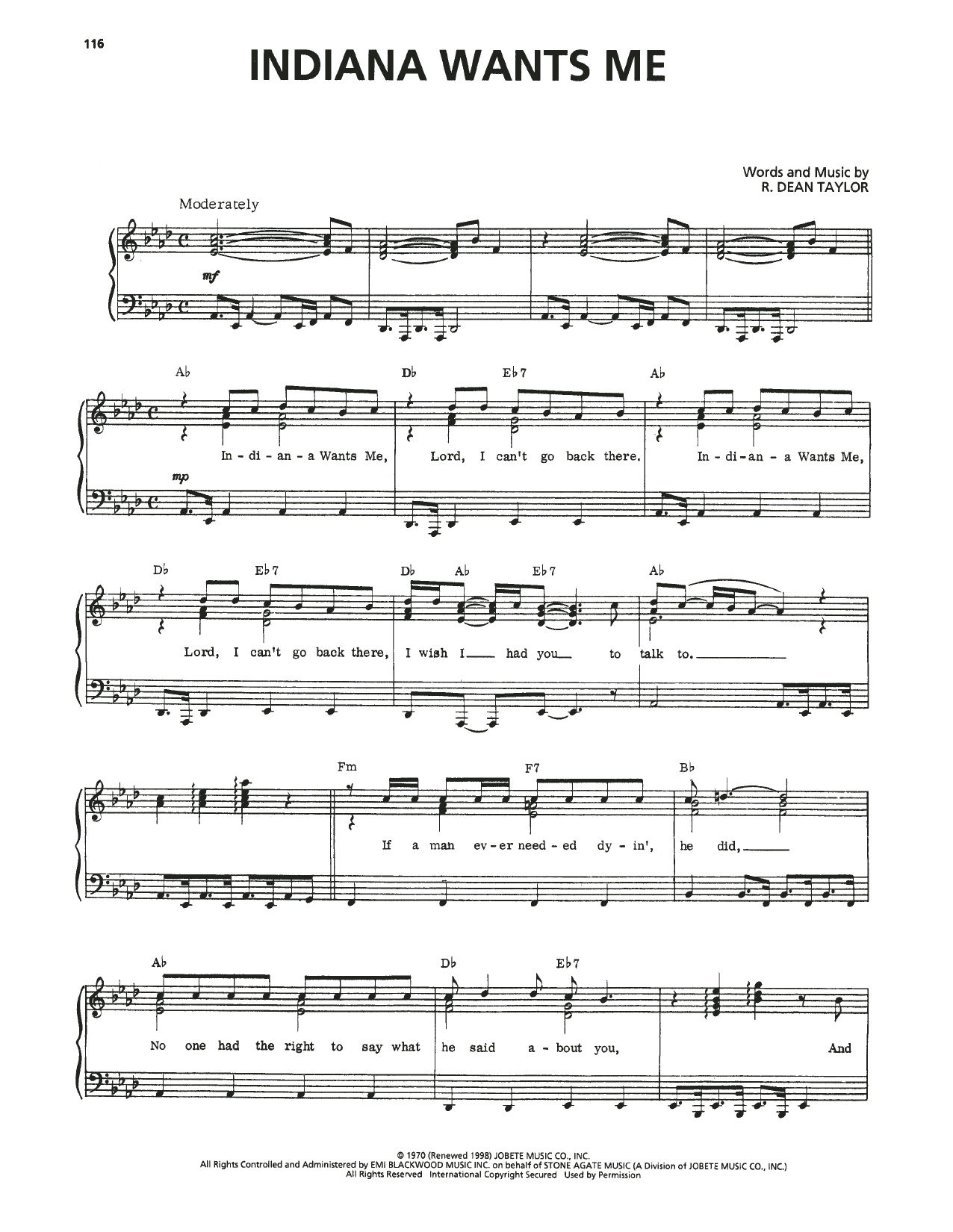 R. Dean Taylor Indiana Wants Me Sheet Music Notes & Chords for Piano, Vocal & Guitar Chords (Right-Hand Melody) - Download or Print PDF