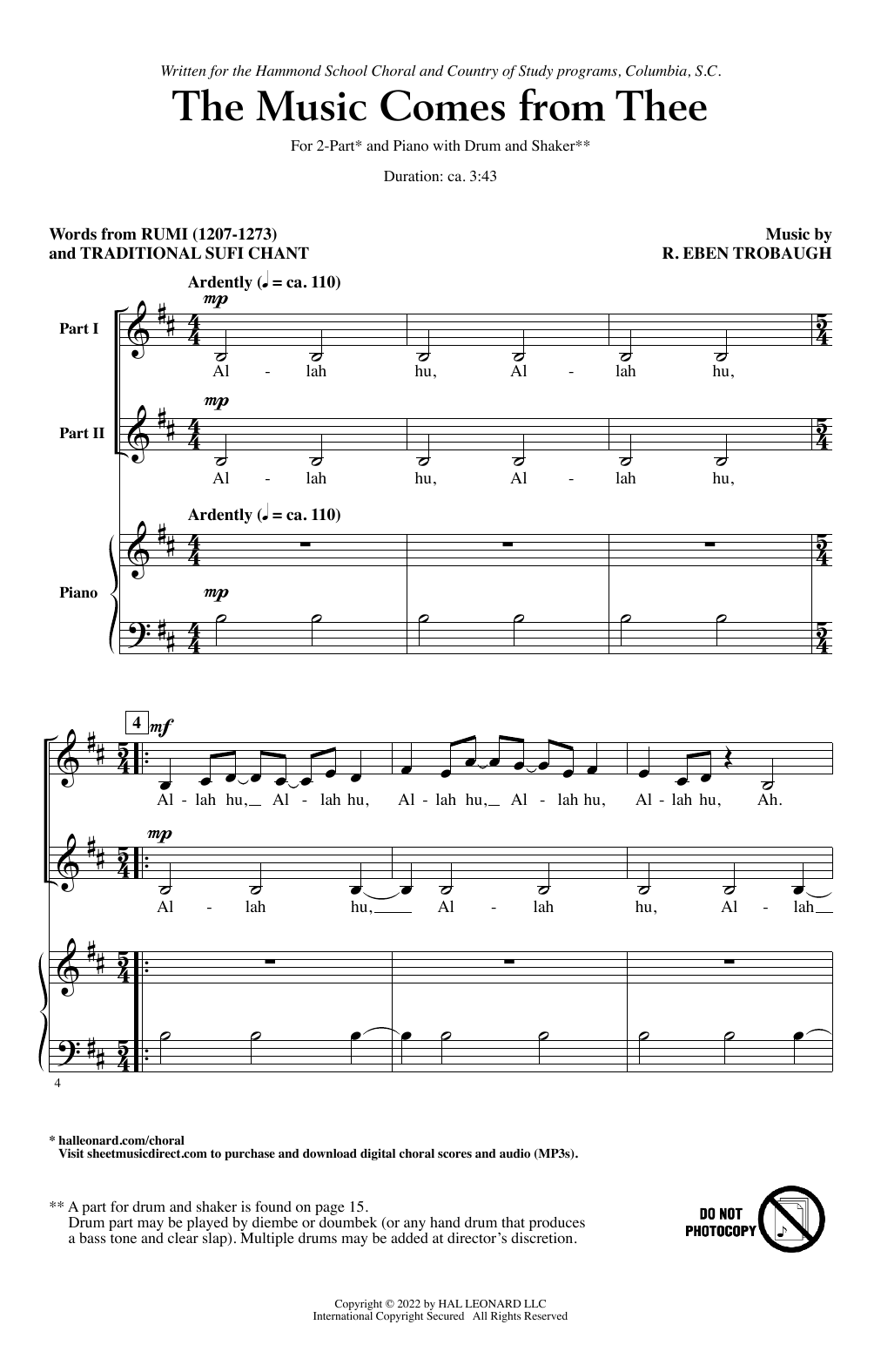 R. Eben Trobaugh The Music Comes From Thee Sheet Music Notes & Chords for 2-Part Choir - Download or Print PDF