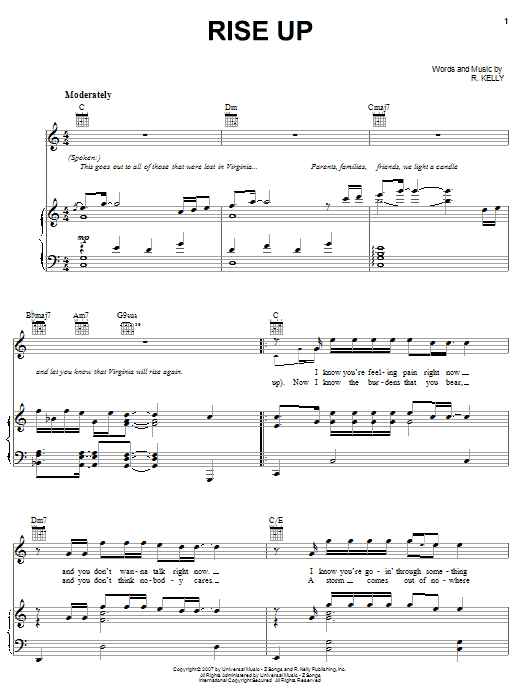 R Kelly Rise Up Sheet Music Notes & Chords for Piano, Vocal & Guitar (Right-Hand Melody) - Download or Print PDF