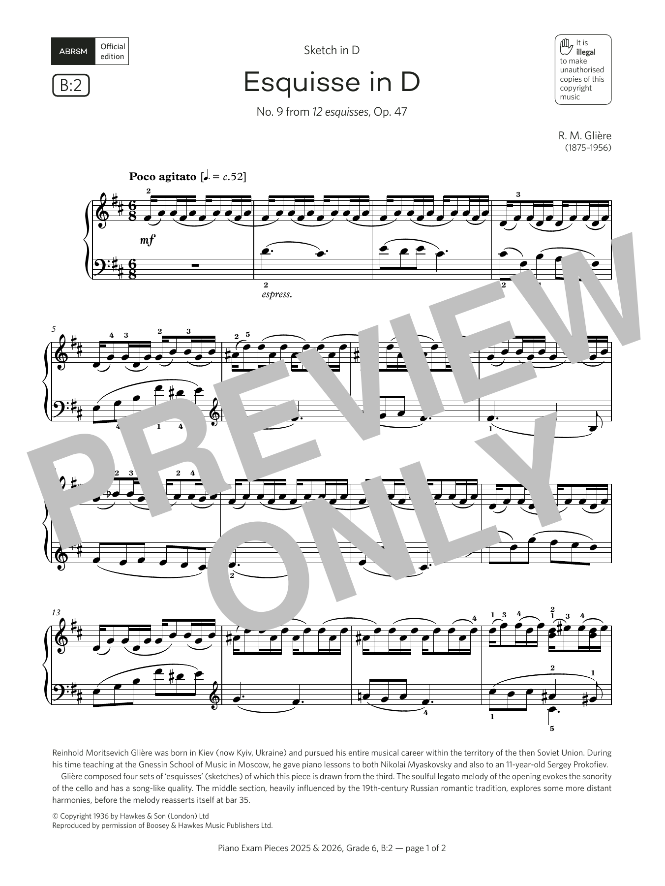 R. M. Glière Esquisse in D (Grade 6, list B2, from the ABRSM Piano Syllabus 2025 & 2026) Sheet Music Notes & Chords for Piano Solo - Download or Print PDF