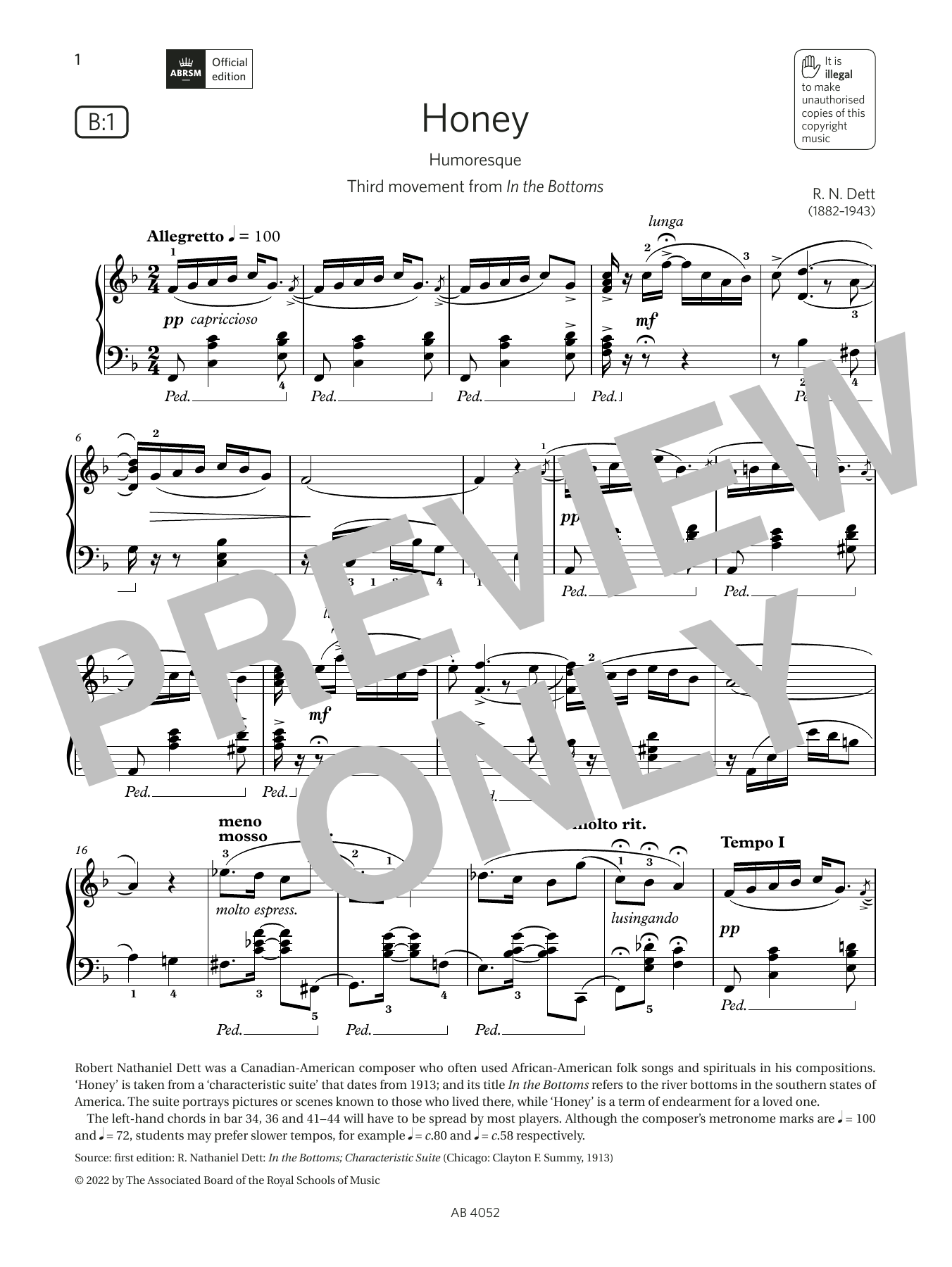 R N Dett Honey (Grade 6, list B1, from the ABRSM Piano Syllabus 2023 & 2024) Sheet Music Notes & Chords for Piano Solo - Download or Print PDF