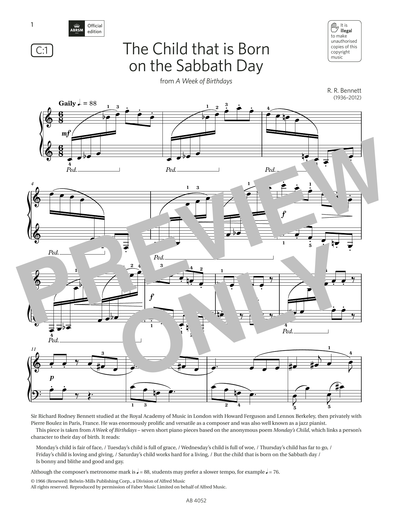 R R Bennett The Child that Is Born on the Sabbath Day (Grade 6, list C1, from ABRSM Piano Syllabus 2023 & 2024) Sheet Music Notes & Chords for Piano Solo - Download or Print PDF