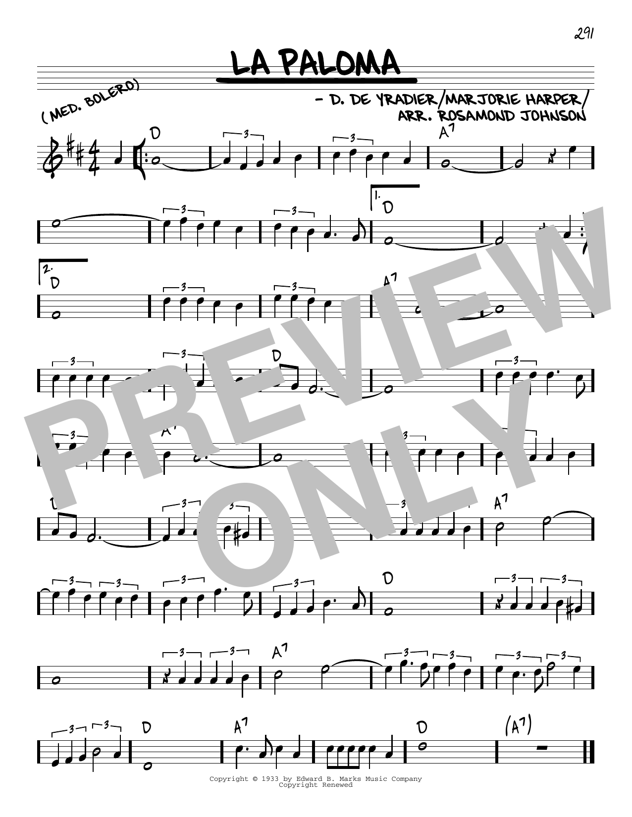 R. Rosamond Johnson La Paloma Sheet Music Notes & Chords for Real Book – Melody & Chords - Download or Print PDF