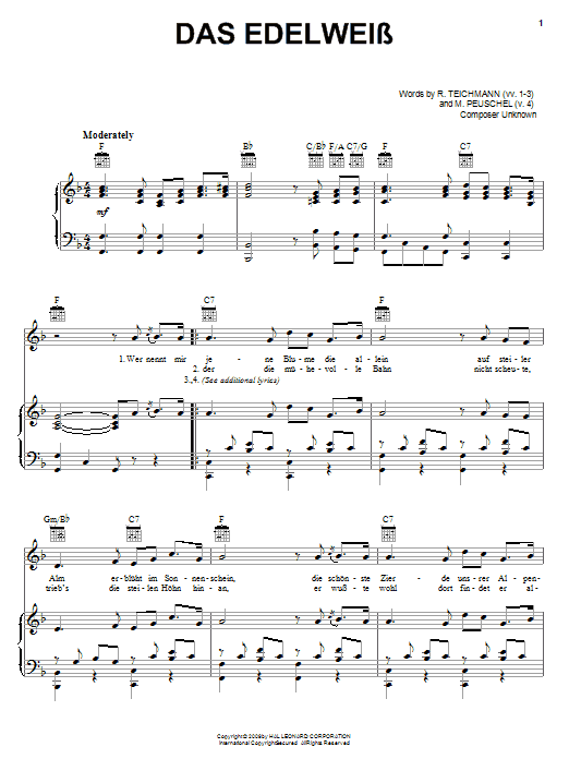 R. Teichmann Das Edelweiss Sheet Music Notes & Chords for Piano, Vocal & Guitar (Right-Hand Melody) - Download or Print PDF