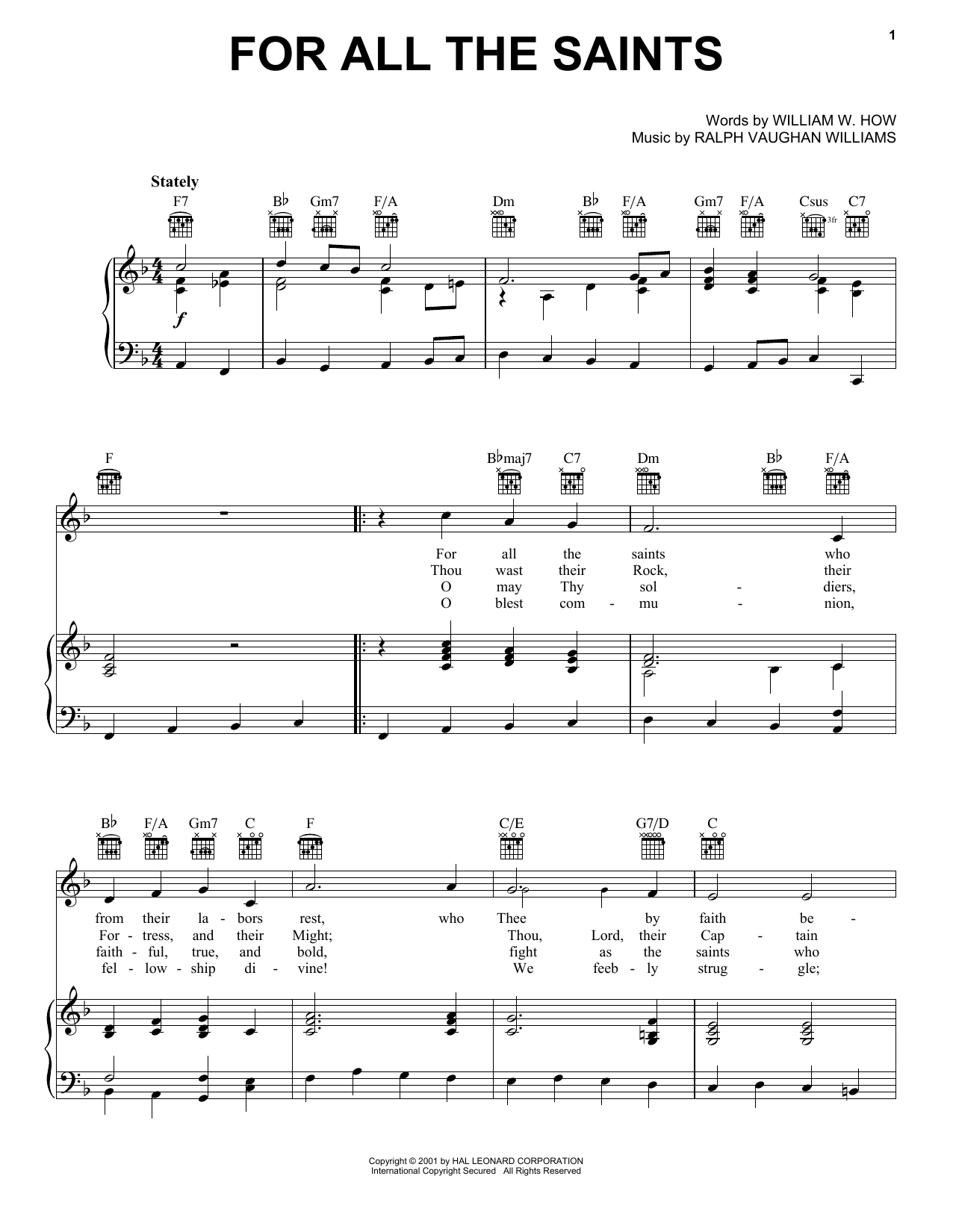 R. Vaughan Williams For All The Saints Sheet Music Notes & Chords for Piano, Vocal & Guitar Chords (Right-Hand Melody) - Download or Print PDF