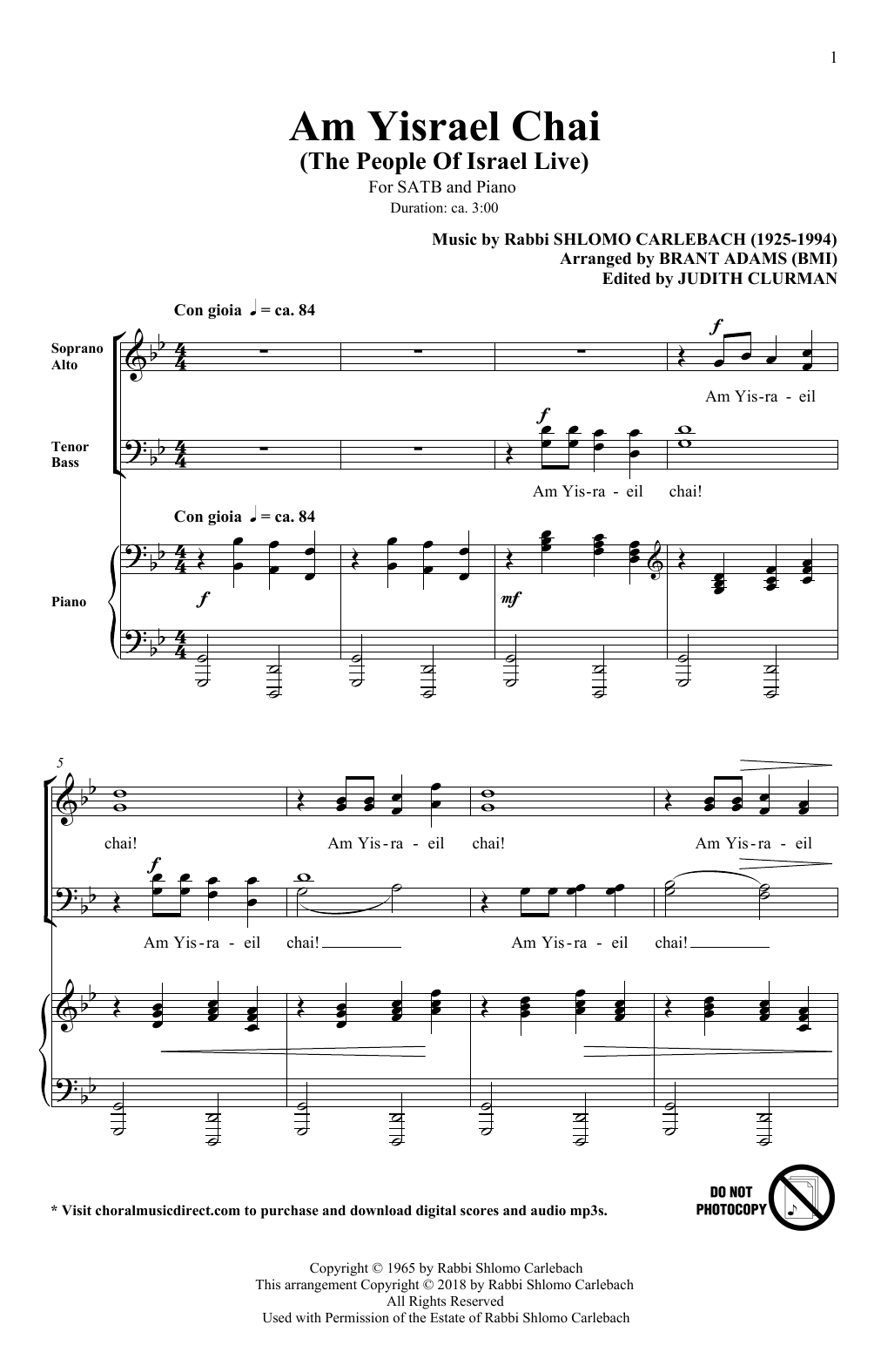 Rabbi Shlomo Carlebach Am Yisrael Chai (arr. Brant Adams) Sheet Music Notes & Chords for SATB Choir - Download or Print PDF