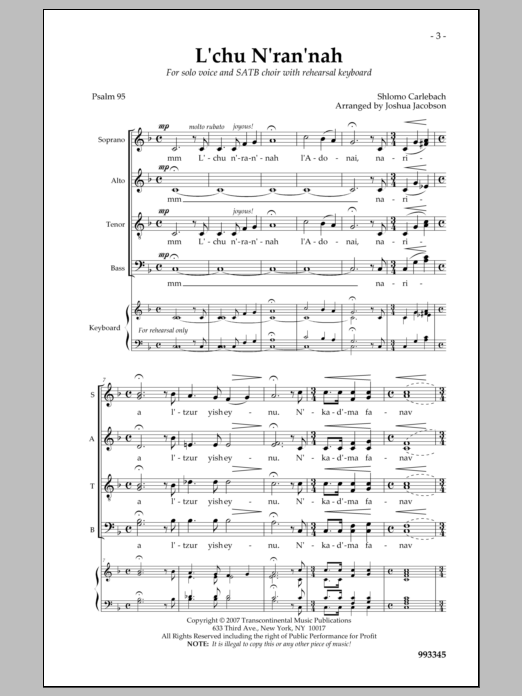 Rabbi Shlomo Carlebach L'chu N'ran'nah Sheet Music Notes & Chords for Choral - Download or Print PDF