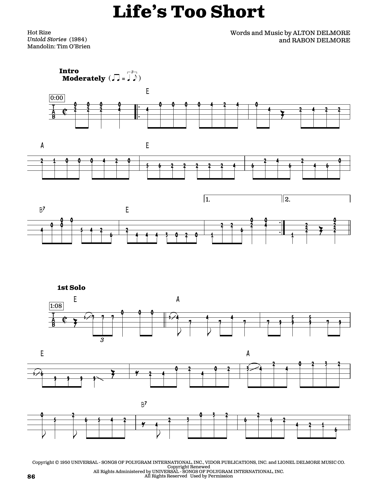 Rabon Delmore Life's Too Short Sheet Music Notes & Chords for Mandolin - Download or Print PDF