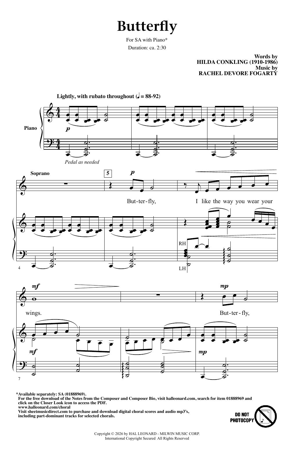 Rachel DeVore Fogarty Butterfly Sheet Music Notes & Chords for 2-Part Choir - Download or Print PDF