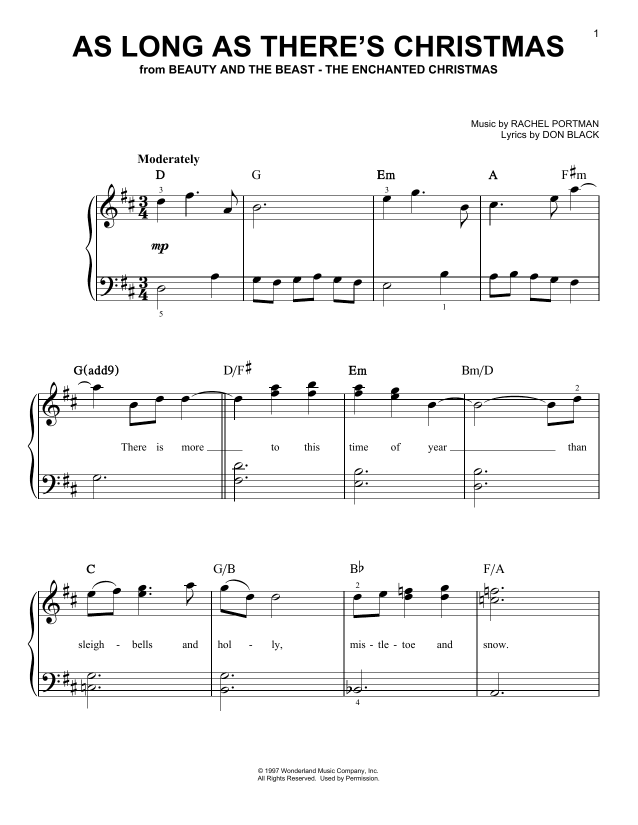 Rachel Portman As Long As There's Christmas (from Beauty And The Beast - The Enchanted Christmas) Sheet Music Notes & Chords for Easy Piano - Download or Print PDF