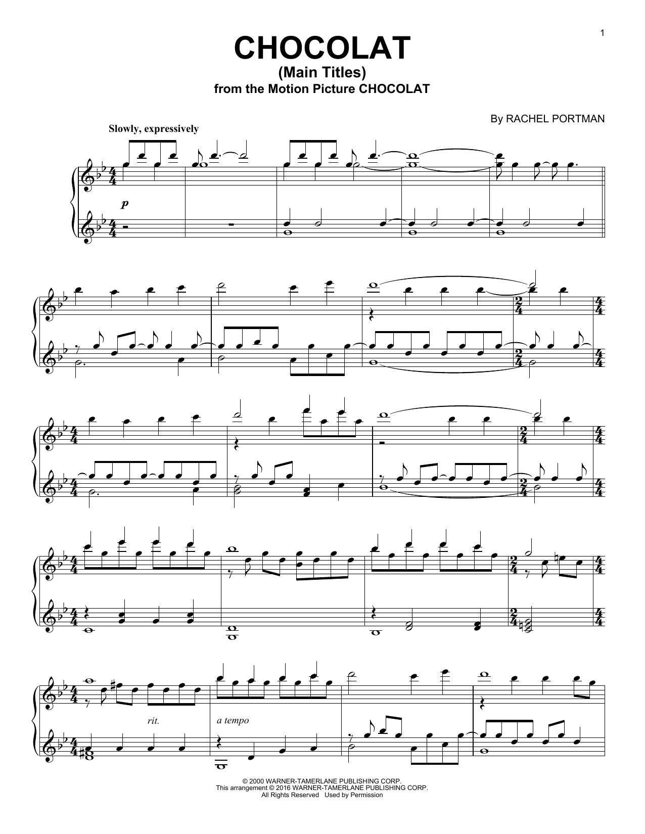 Rachel Portman Chocolat (Main Titles) Sheet Music Notes & Chords for Piano - Download or Print PDF