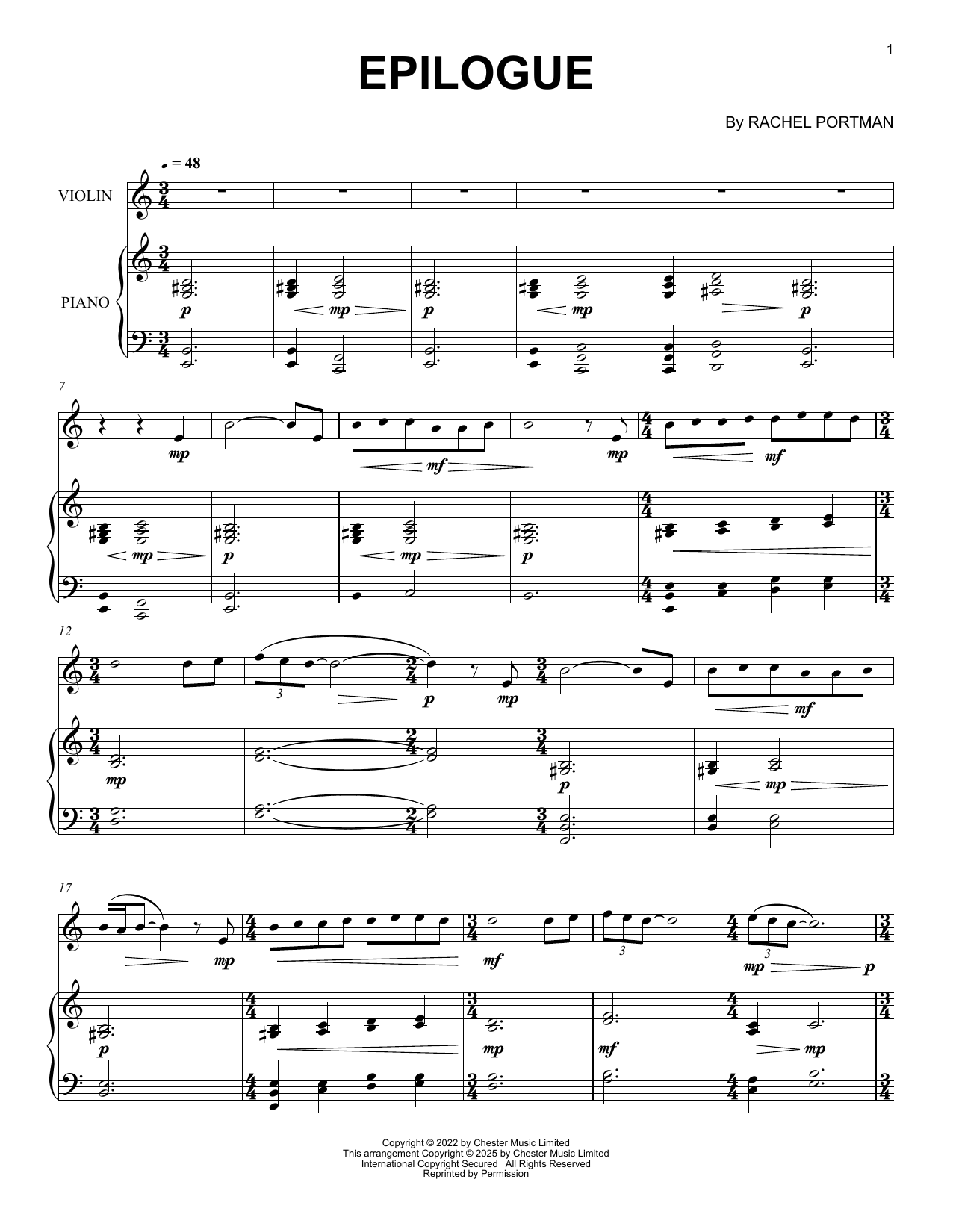 Rachel Portman Epilogue Sheet Music Notes & Chords for Violin and Piano - Download or Print PDF