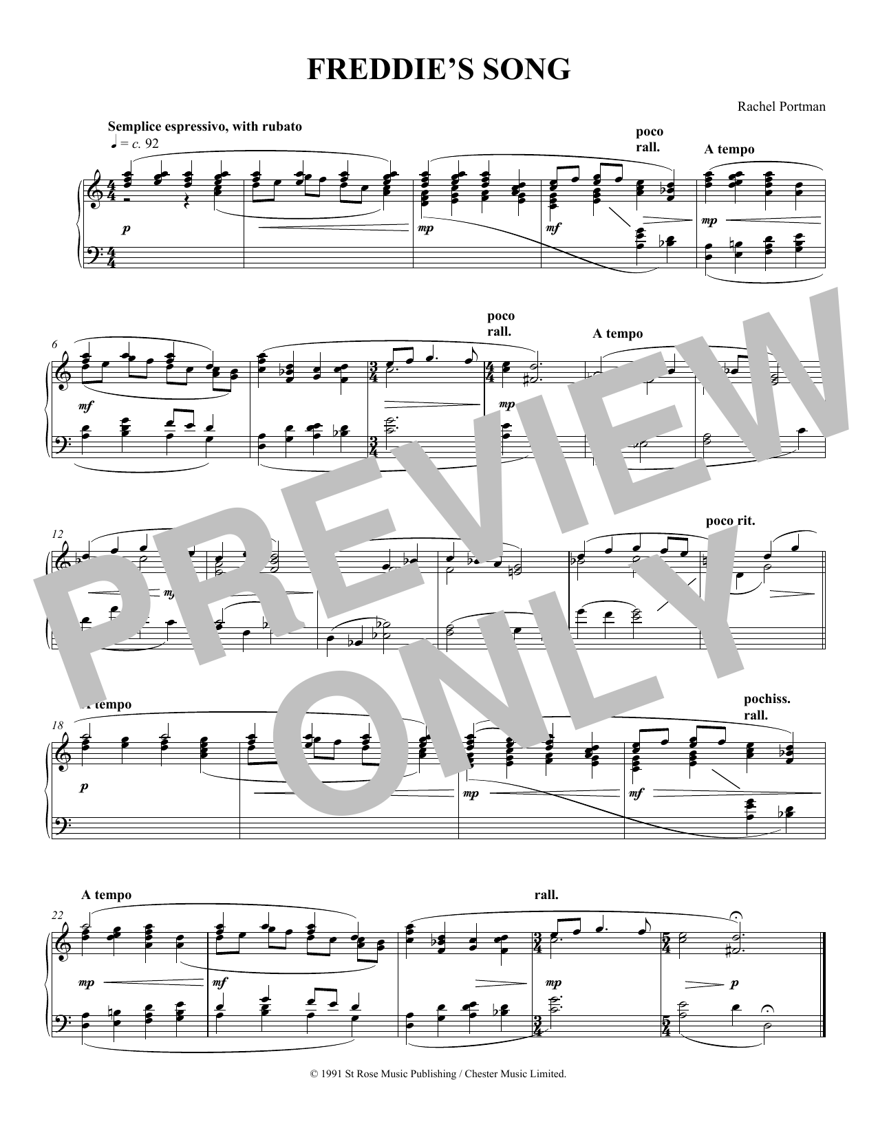 Rachel Portman Freddie's Song Sheet Music Notes & Chords for Piano Solo - Download or Print PDF