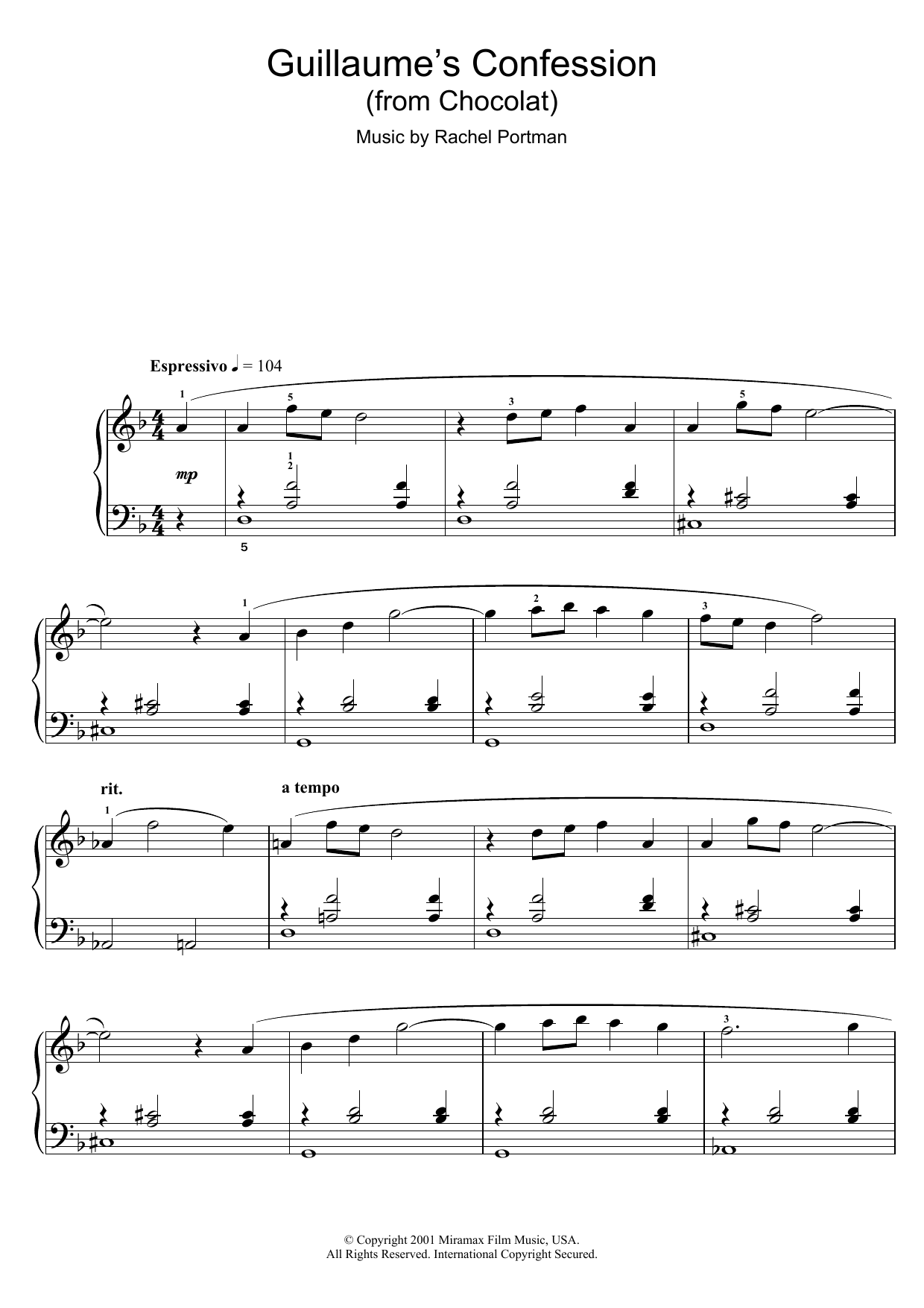Rachel Portman Guillaume's Confession (from Chocolat) Sheet Music Notes & Chords for Easy Piano - Download or Print PDF